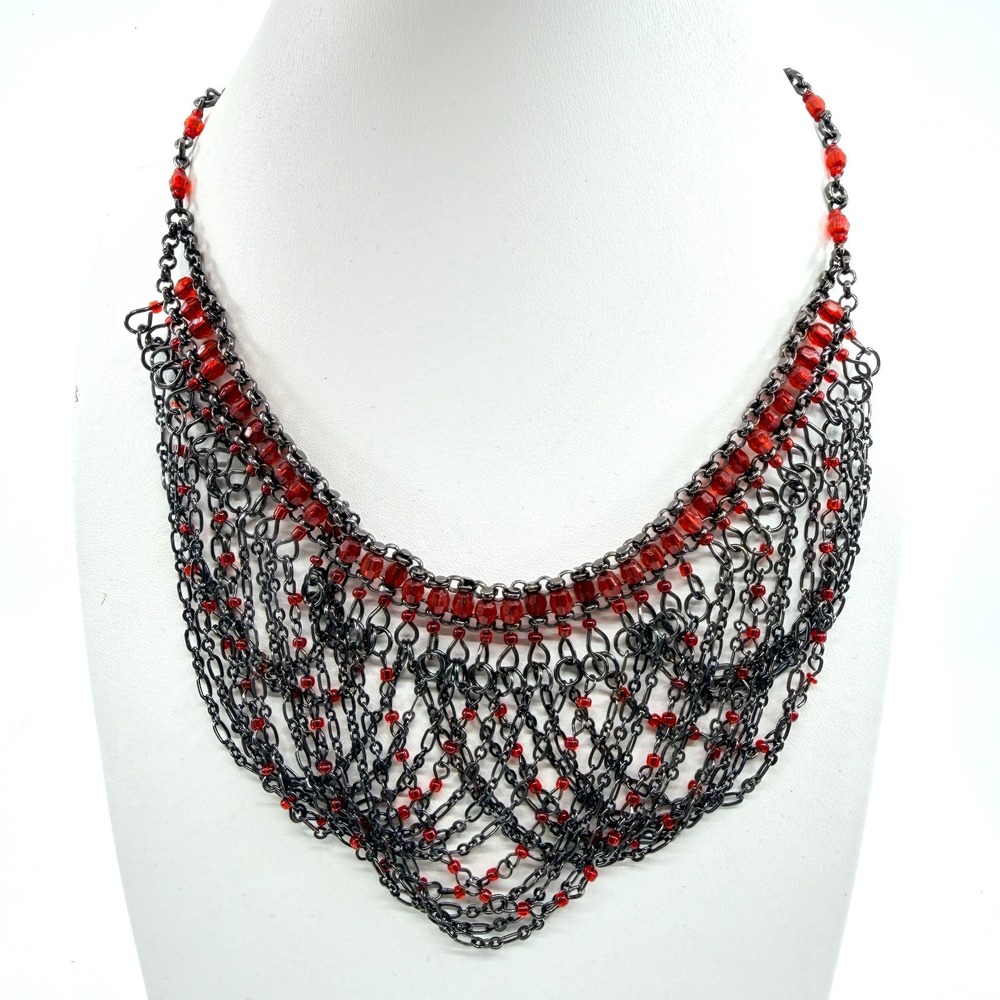 VTG Goth Gunmetal Red Bib Necklace Layered Draped Multifilament Chain Seed Bead